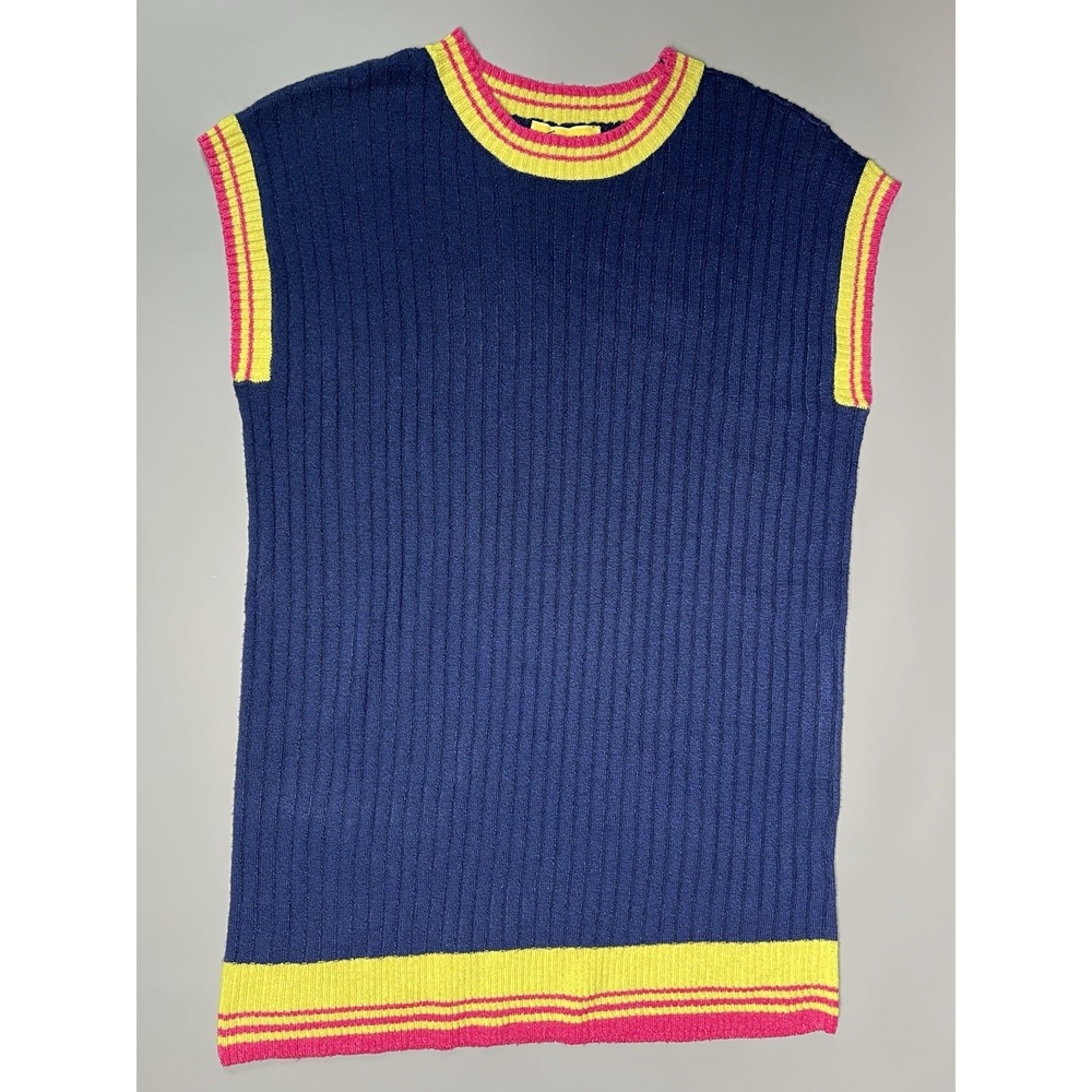 Circus NY Women's L Ribbed Knit Sleeveless Crewneck Sweater, Striped Trim